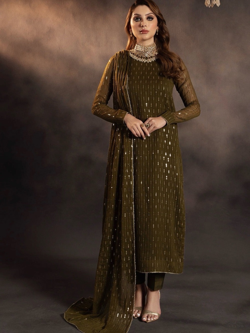 Women’s Olive Green Sequin Straight Pants long shirt